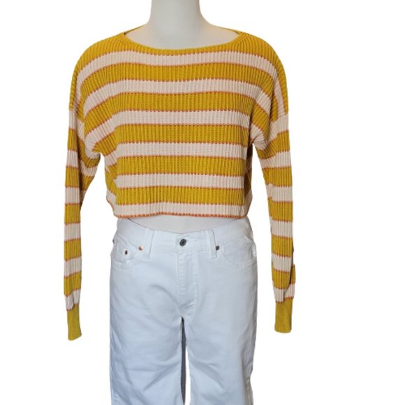Free People Bateau Neck Striped Cropped Midriff L/S  Sweater Size XS Gold Beige - Picture 1 of 12